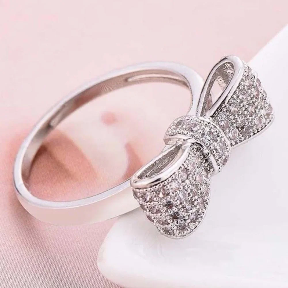 NEW 925 Sterling Silver Diamond Milgrain Bow Ring